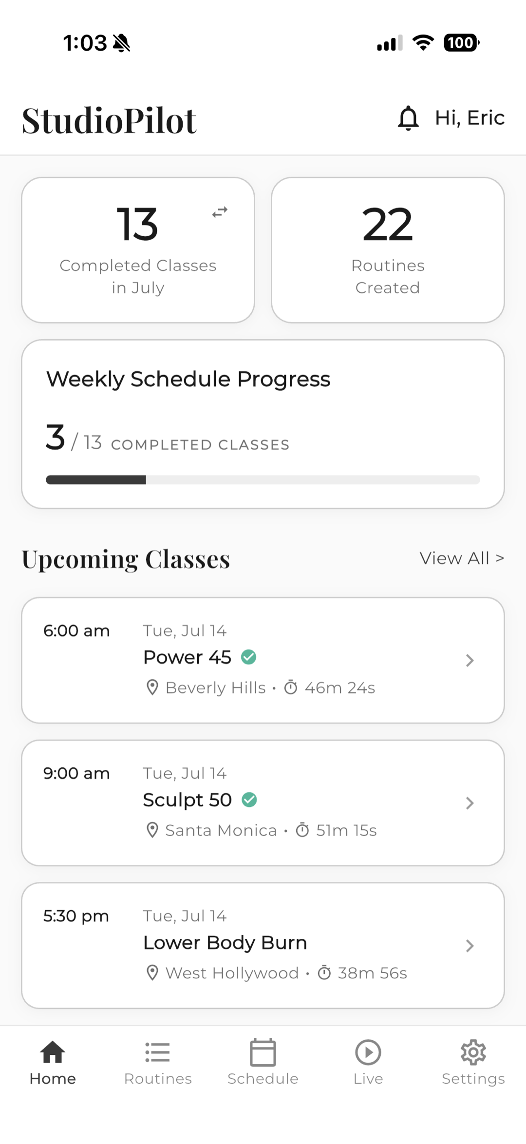 Home — today’s classes at a glance