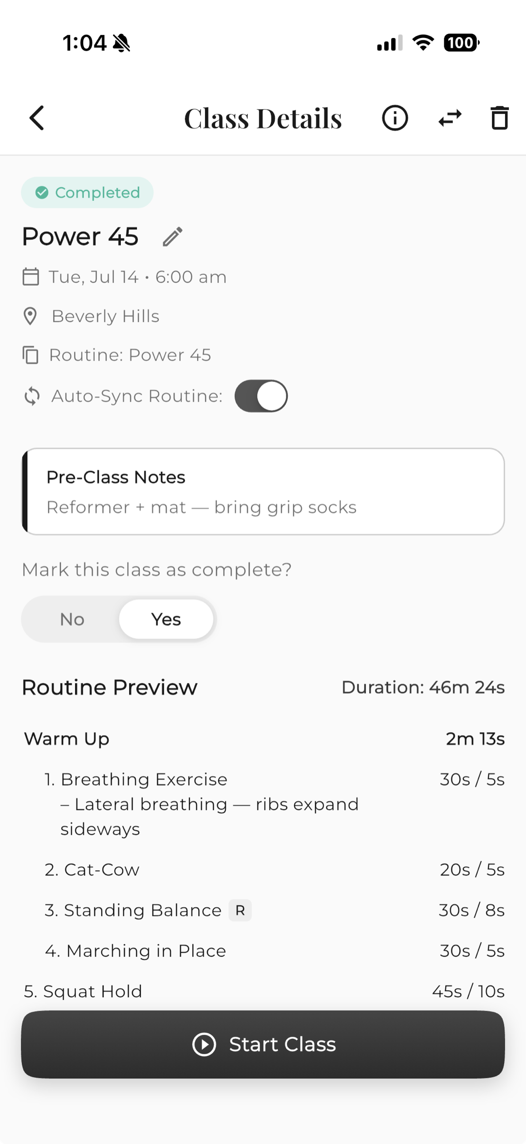 Class details with routine preview